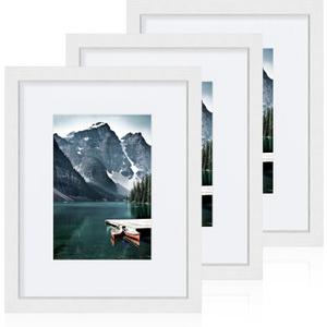 Hongkee 8x10 White Picture Frames set of 3, Made of Wooden and Glass Photo frame - Displays Picture 5x7 with Mat or 8 x 10 without Mat, Desktop & Wall Collage Frame set