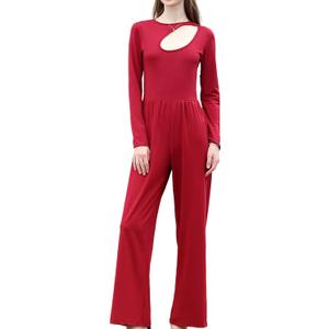 RONGTAI One Piece Jumpsuit for Women Long Sleeve Cutout Neck High Waist Dressy Casual Stright Leg Romper (Red, M)