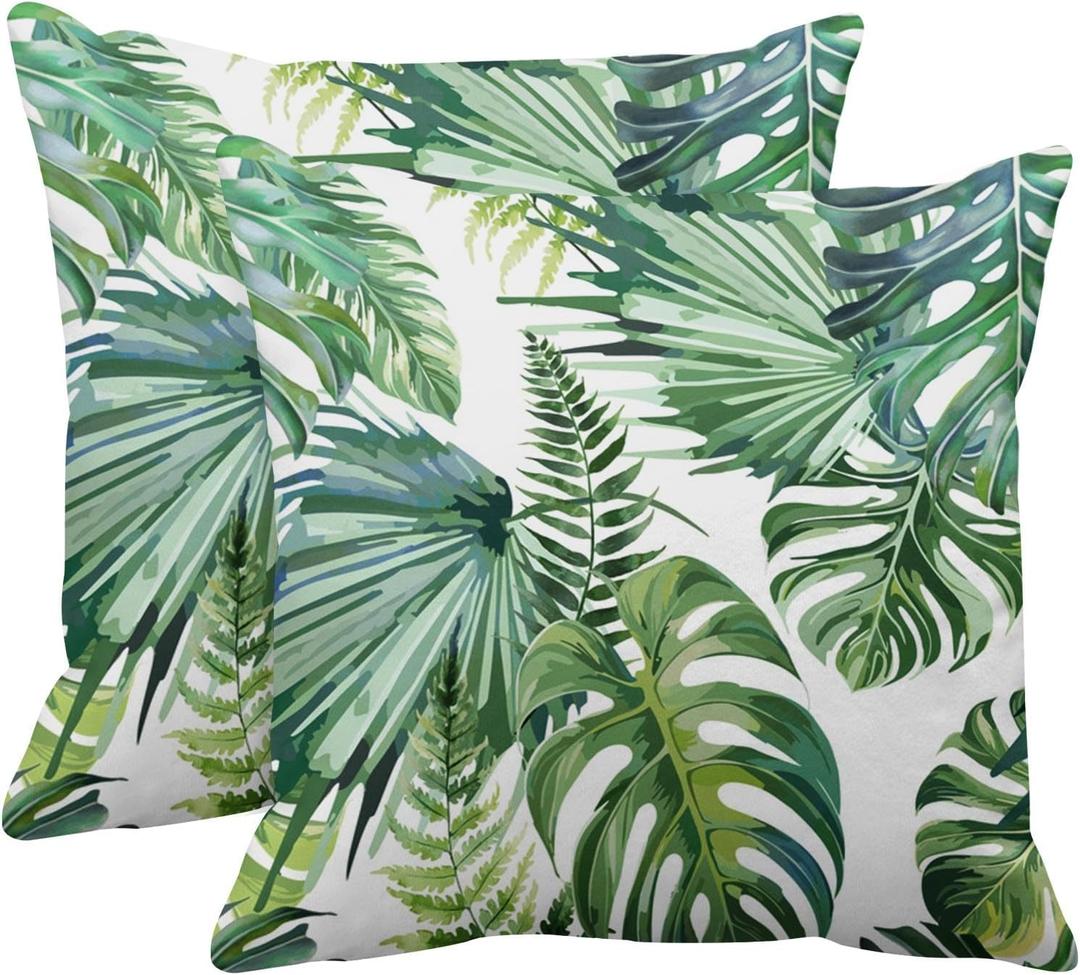 Emvency Set of 2 Throw Pillow Covers Tropical Watercolor Artistic Modern Green Palm Leaf Decorative Pillow Cases Home Decor Standard Square 18x18 Inches Summer White Pillowcases