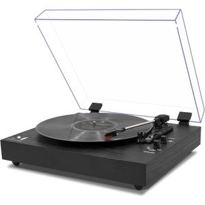 Vintage Style 3 Speeds Wireless Input Record Player, Built-in Dual Premium Speakers,Belt Drive,RCA Output,Aux in,Fulll Size Platter Turntable, Black Wood