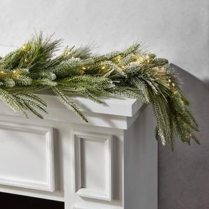 LampLust Winter Garland with Lights Battery Operated, 6 Ft Lighted Garland, Frosted Garland with Pine Branches & Faux Snow, 100 LED Lights with Timer, Winter Garland for Mantle All Year Round