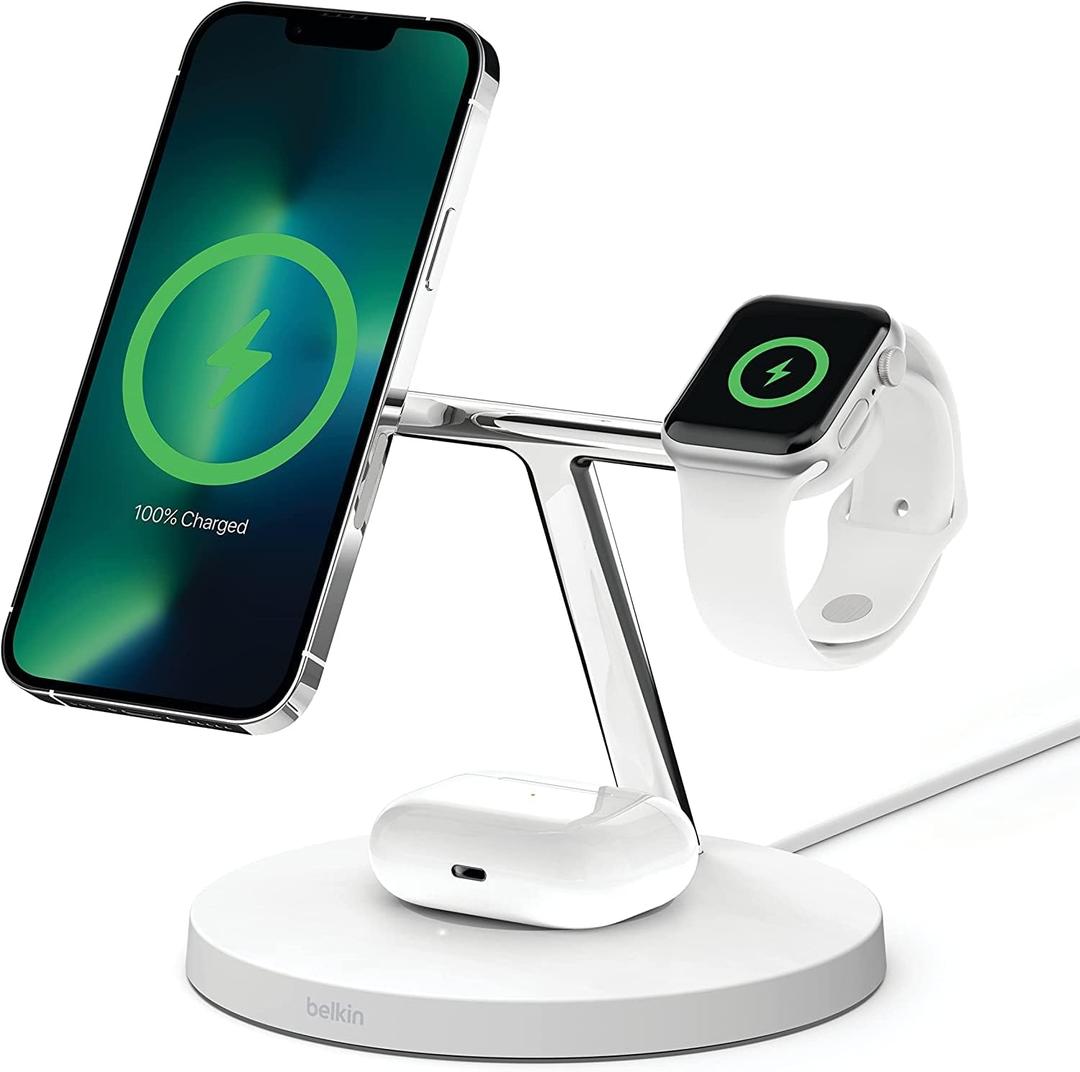 Belkin BoostCharge PRO 3-in-1 Wireless Charger with MagSafe for iPhone 13, 12 + Apple Watch + AirPods (Magnetically Charges iPhone 13 and 12 Models up to 15W) (White)