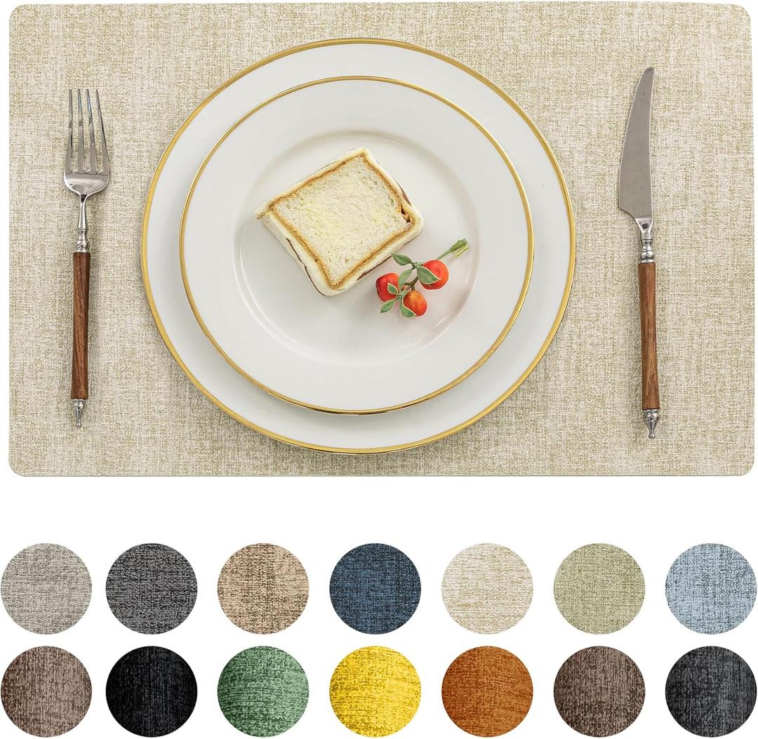 Romanstile Vinyl Placemats Set of 8-12 X 17 Inch - Faux Leather 100% Waterproof Oil-Proof Wipeable Place Mats, Heat Resistant Reversible PU Table Mats for Kitchen Dining Party Outdoor, Beige