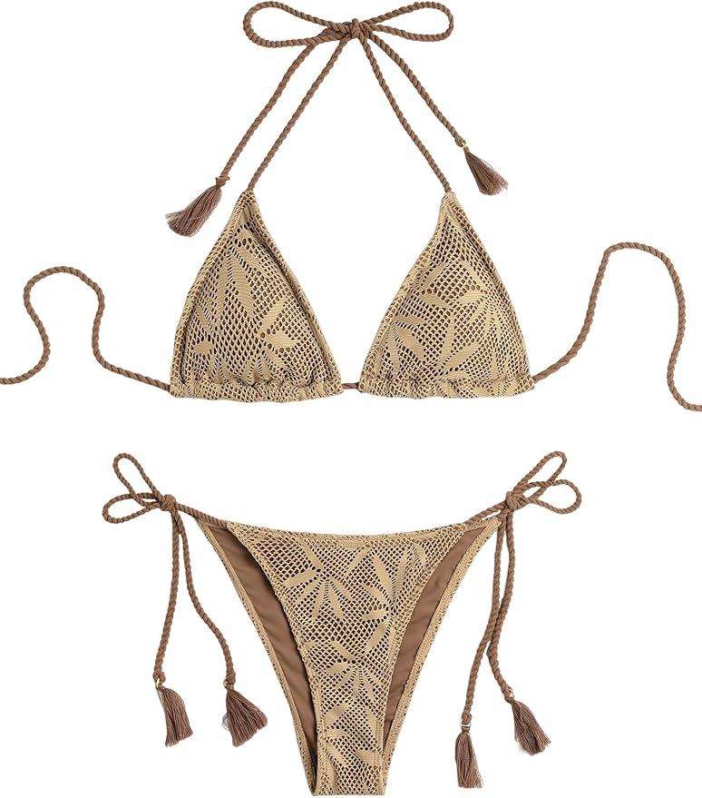 ZAFUL 2 Piece Triangle Bikini for Women Knitted Rope Halter Bikini Sets Sexy Bathing Suit Side Tie Swimsuits Beachwear