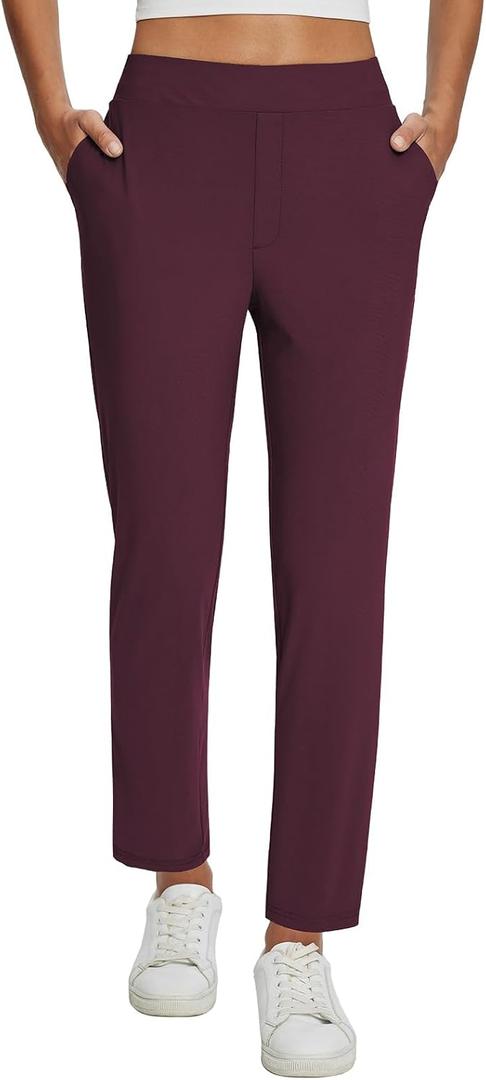 baleaf Womens Business Casual Pants Stretch Travel Pants On Airport with Zipper Pockets Dressy Slacks Golf Work Pull on (Medium, Wine Red)