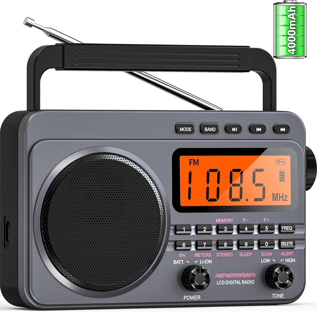 Portable Radio with Best Reception, 4000mAh Rechargeable Digital Radio AM FM Portable with SD Card/USB Playback, Digital Tunner, Big Speaker, LCD Screen(Grey)