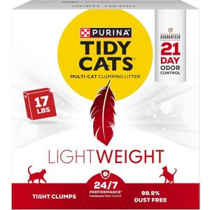 Purina Tidy Cats LightWeight 24/7 Performance Odor control, Multi-Cat, Clumping, 99.9 Percent Dust Free Cat Litter - 17 lb. Box