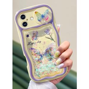 Toycamp for iPhone 16 Case 6.1 Inch - Women Girls Cute Butterfly with Sliding Camera Cover Glitter Bling Kawaii Girly Sparkle Design Flowing Liquid Quicksand Cover for iPhone 16 Phone Case