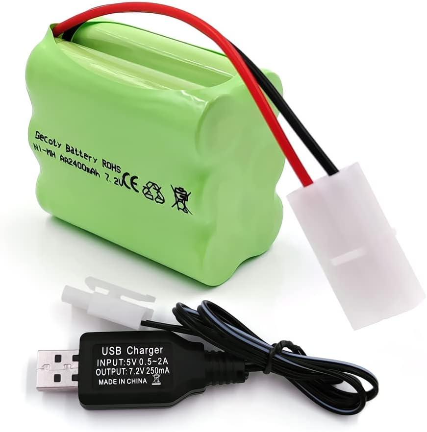 7.2V 2400mAh Rechargeable Batteries, Ni-MH AA Battery Pack with Tamiya Plug and Charge Cable for RC Truck, RC Boat, RC Tank