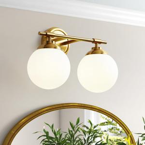 Gold Bathroom Light Fixtures, ETL 2 Light Vanity Lights Over Mirror, Modern Vanity Lights for Bathroom, Milk White Glass Shades, E26 Base Bulbs Not Included
