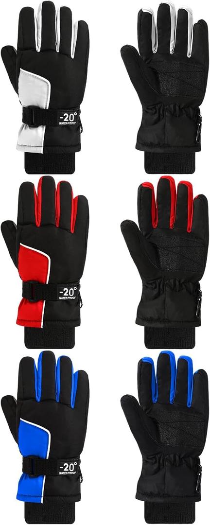 Jansun 3 Pairs Kids Winter Gloves Warm Outdoor Windproof Adjustable Gloves Toddler Snowboard Gloves for Cold Weather Boy Girl Children (6-10 Years, Red Blue Gray)