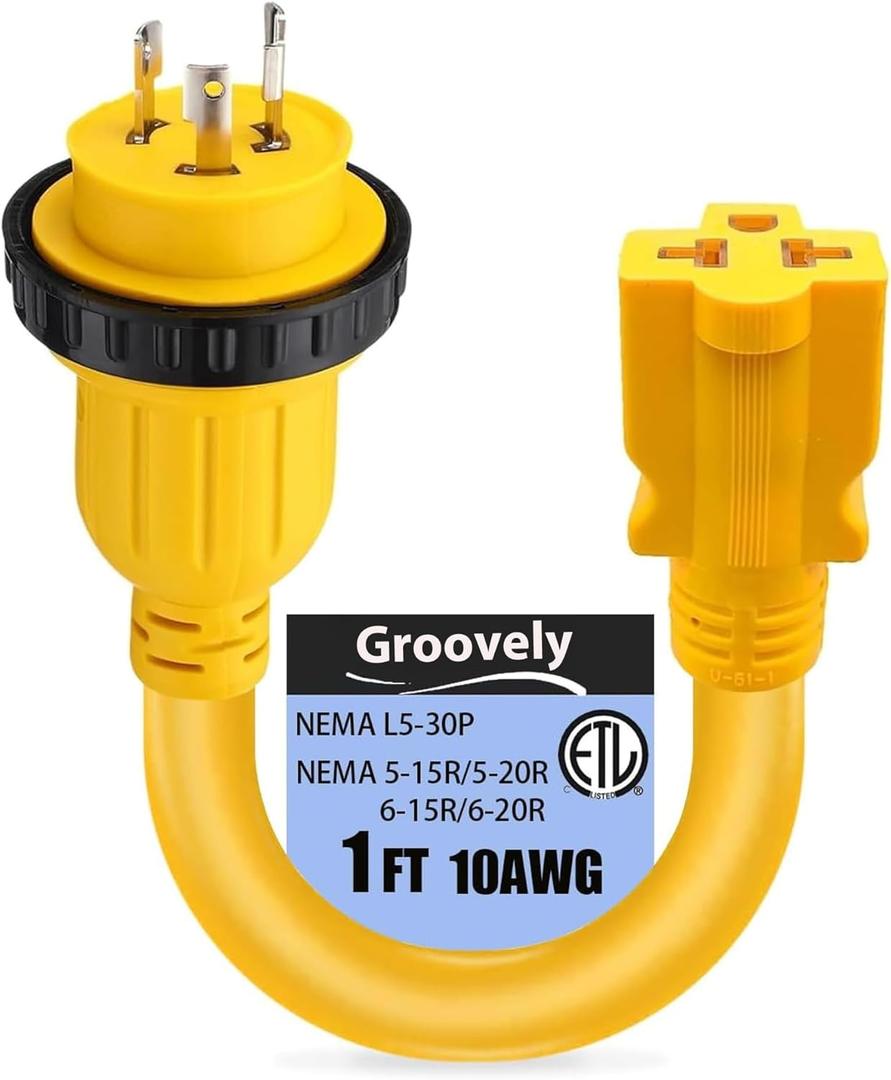 Groovely 30 Amp to 15 Amp Marine Shore Power Conversion Extension Cord,Compliant with NEMA L5-30P to 5-15/20R Standards, for 10AWG 30 A to 20 A T Type Marine Conversion Plugs (1 Ft)