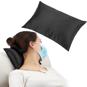 Silky Satin Small Neck Pillow for Recliner Chair, Washable Tiny Head Pillows for Sleeping Mini Neck Support Pillow with Pillowcase Smooth Cooling Airplane Cervical Neck Pain Relief 2 Pcs, Black