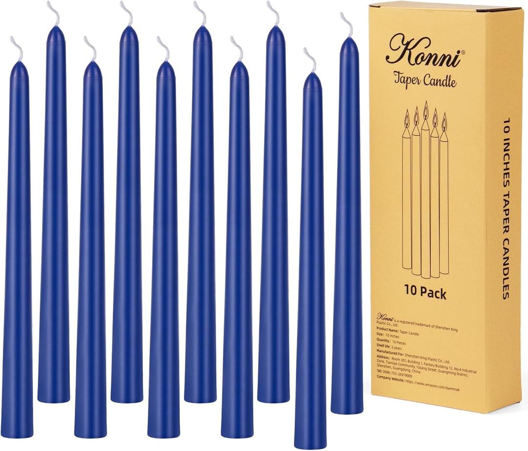 KONNI 0.87×10 Inch Blue Taper Candles, Unscented and Smokeless Tall Candlesticks, 10 Pack Tapered Candles with Cotton Wicks, Long Burning, Ideal for Weddings, Dinner Parties, and Home Décor