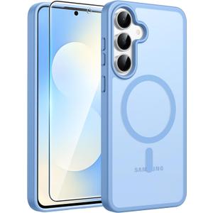 FNTCASE for Samsung Galaxy S25 FE Case: Magnetic Translucent Matte Military Grade Drop Proof Protection Cell Phone Cover - Slim Rugged Durable Shockproof Protective S25Fe Cases (Light Blue-6.7 inch)