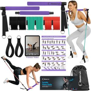 Portable Pilates Bar Kit with Resistance Bands for Men and Women - 3 Set Exercise Resistance Bands - Multifunctional Home Gym - Supports Full-Body Workouts  with Fitness Poster and Video