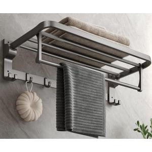 Mustorn Bathroom Towel Rack with Towel Bar and Hooks 23.6 in Foldable Towel Shelf Wall Mounted Lavatory Towel Organizer Modern Gray Finish