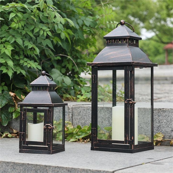NEEDOMO Lanterns Decorative Outdoor&Indoor, Set of 2 Large Bronze Metal Lantern Decor with Glass, Candle Holder for Porch, Patio, Garden, Balcony, Wedding, Table Centerpiece Decorations (17" & 11" / Glass)