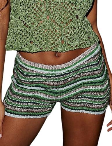 Yimoon Women's Y2K Striped Crochet Knit Shorts Rainbow Color Block Elastic High Waisted Comfy Lounge Mini Shorts (Green-S)