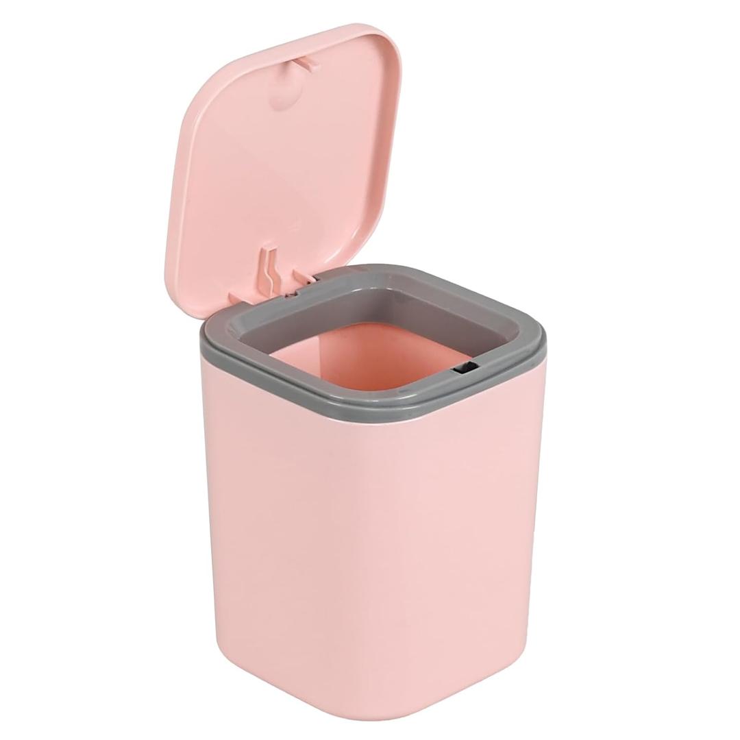 Mini Desk Trash Can with Lid, 0.5 Gallon/2 L Plastic Tiny Countertop Waste Basket, Pink