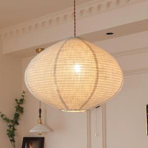 METHEDEECO Oval Hanging Lamp Shade, 16 Inch Faux Linen Pendant Lamp Shade, Foldable Fabric Replacement Shade, White with Beige, Minimalist Pendant Lantern Shade for Bedroom Living Room Kitchen