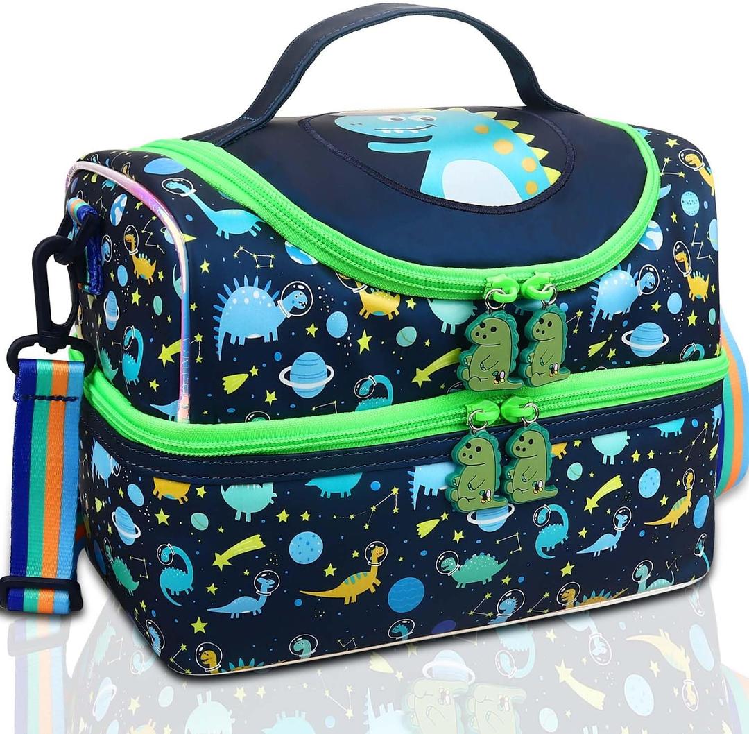 RHCPFOVR Kids Lunch Bag - Double - Decker Cooler Insulated Lunch Box for Boys Girls,Washable Lunch Bag with Strap and Reusable Toddler Lunchbox for School and Daycare (Dark Blue Dinosaur)