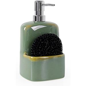 INGOFIN Kitchen Dish Soap Dispenser with Sponge Holder, 2-in-1 Ceramic Refillable Hand Soap Bottle & Sponge Caddy Set, for Kitchen Sink Organizer and Bathroom, Green