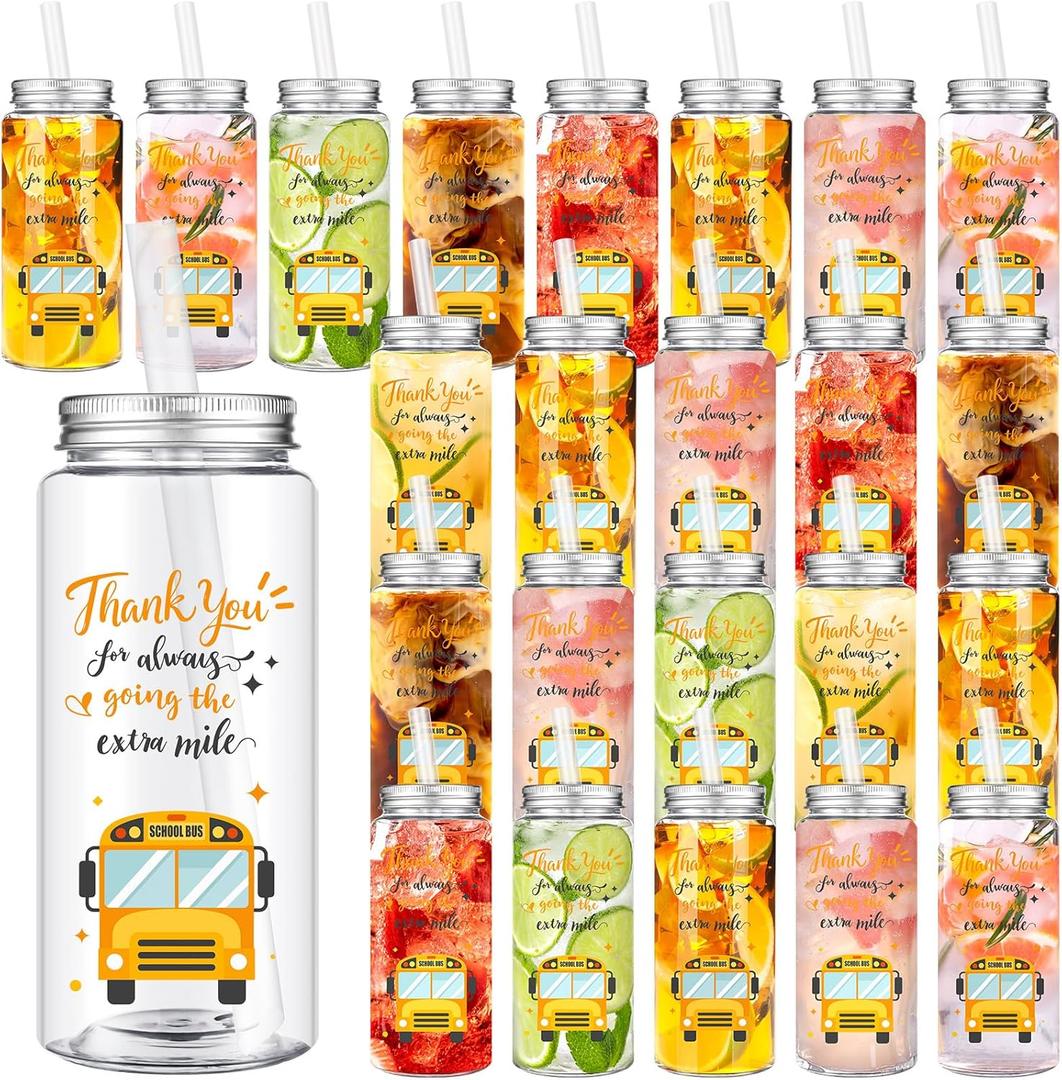 Skylety 24 Pcs School Bus Driver Gift Cup Bulk, School Bus Driver Appreciation Gifts 4 oz Plastic Cup Thank You for Always Going The Extra Mile Tumbler with Lids and Straws for Men Drivers