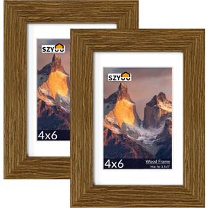 4x6 Picture Frame Set of 2 - Wood Frame with Real Glass, Display 3.5x5 with Mat or 4x6 without Mat, Photo Frame for Wall or Tabletop Display(Rustic Brown)