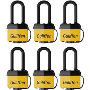 Guliffen Weatherproof Laminated Steel Padlock with Same Key, Outdoor Padlock with Long Shackle for Gate, Fence, Shed,Garage, 6 Pack