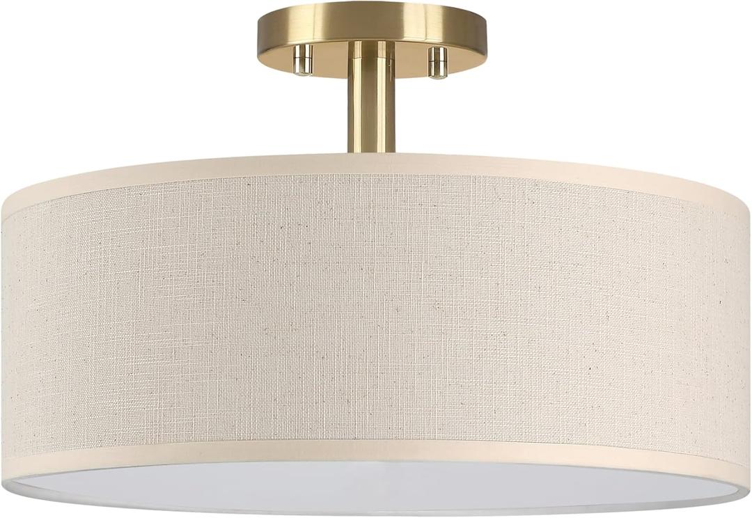 3 Light 12 Inch Semi Flush Mount Close to Ceiling Light Fixture,Off White Fabric Shade Gold Finish for Bedroom,Living Room,Dining Room Hallway