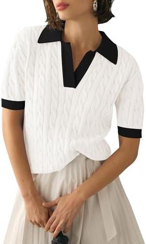 Micoson Womens Short Sleeve Sweater Tops Lapel V Neck Polo Shirts 2026 Summer Cable Knit Loose Blouse Business Casual Outfits Size S