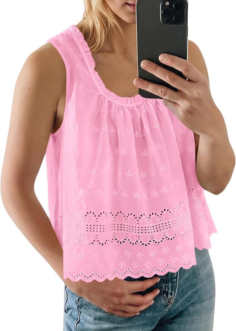 Tankaneo Womens Eyelet Tank Top Embroidered Babydoll Sleeveless Shirts (Pink, XL)