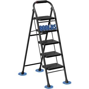 5 Step Ladder, Foldable Step Stool with Wide Anti-Slip Pedal & Thick Rubber Feet, Cushioned Handle, Safe-Lock Design, Folding Portable Ladder for Multi-Purpose, 800lb, Black