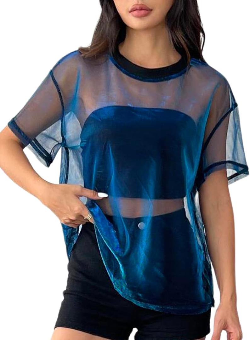 OYOANGLE Women's See Through Top Metallic Mesh Sheer Short Sleeve Rave T-Shirt (X-Large, Blue)
