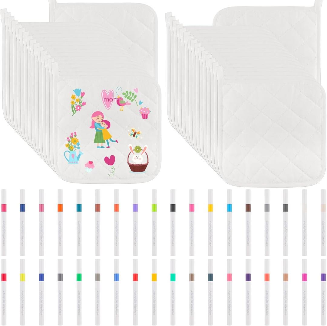 DIY Your Own Pot Holders DIY Craft Project Set- 48 White Blank Pot Holders Bulk Cloth Heat Resistant Hotpads with 36 Colored Marker Pens for Kitchen Cooking and Baking DIY Activities (48)