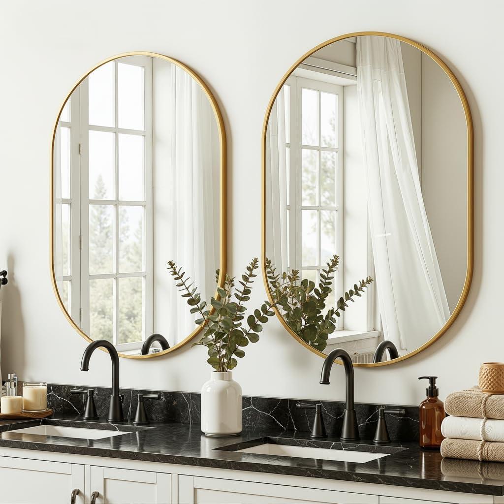 Oval Bathroom Mirror for Wall, 2 Pack 24"x36" Bathroom Vanity Mirror for Over Sink, Bedroom, Living Room, Entryway, Metal Frame & HD Shatterproof Glass, Wall Mounted Horizontally or Vertically(Gold)