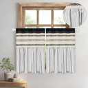 FRAMICS Farmhouse Linen Kitchen Curtains 36 Inch Length Black Striped Short Curtain for Windows Boho Crochet Small Window Curtains for Kitchen Rod Pocket Tier Curtain for Bathroom, Cafe, 2 Panels