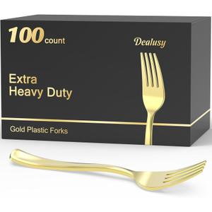 100 Count Heavy Duty Gold Plastic Forks Disposable, BPA-Free, Heat Resistant, Solid and Durable Premium Plastic Disposable Forks for Party Supply