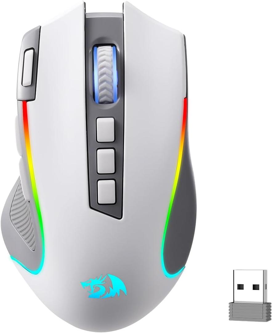 Redragon M612 PRO RGB Gaming Mouse, 8000 DPI Wired/Wireless Optical Mouse with 9 Programmable Buttons & 7 Backlit Modes, BT & 2.4G Wireless, Software Supports DIY Keybinds Rapid Fire Button (Gray)