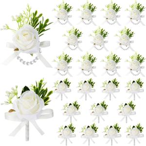 XunYee 20 Pcs Rose Wrist Corsage and Boutonniere Set, Men Corsages Wristlet Band Bracelet Artificial Prom Flower Wrist Corsage for Wedding Bride Groom Prom Suit Decorations (Ivory White)