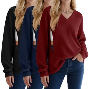 3 Pack Women's Oversized Nursing Tops Waffle Knit V Neck Breastfeeding Long Sleeve Shirts Hidden Zipper Sweatshirt (X-Large, Wine Red, Navy Blue, Black)