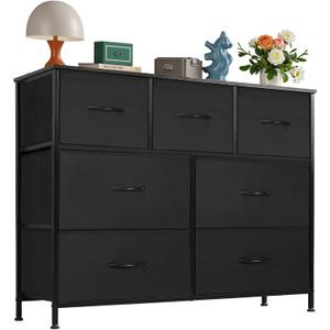 OLIXIS 7 Drawers Dresser for Bedroom, Fabric Storage Tower for Living Room, Entryway - Sturdy Steel Frame, Wooden Top & Easy Pull Fabric Bins, Closet Chests Organizer for Clothes, Black