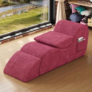 24" Wide Chaise Lounge Chair for Yoga & Exercise, Indoor Lounge Chair with Lumbar Cushion, Movable Footrest, Side Pockets, High-Density Foam Perfect for Stretching, Massage and Relaxation Wine Red