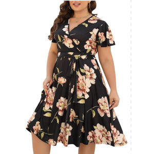 Nemidor Plus Size Dresses for Curvy Women Casual Summer V Neck Short Sleeve Midi Cocktail Vintage Dress with Pocket, Size Medium