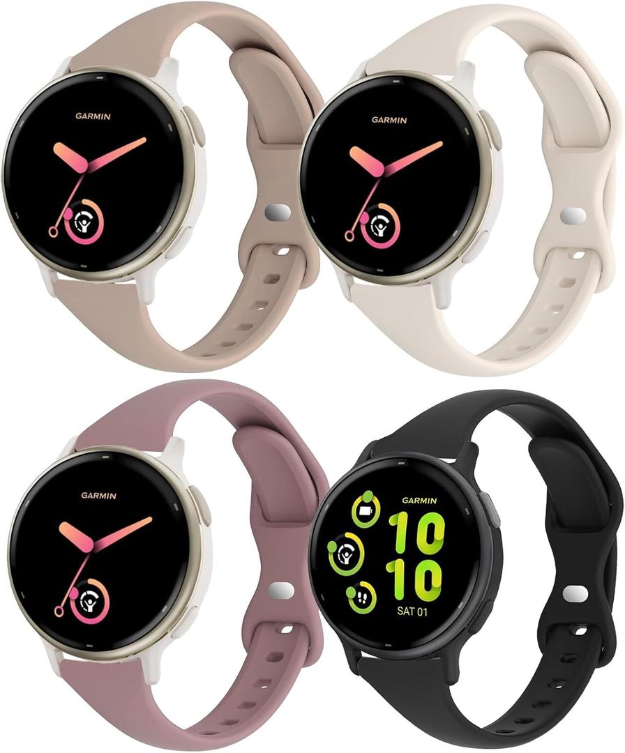 Slim Silicone Watch Bands Compatible with Garmin Vivoactive 6/ Vivoactive 5/Vivoactive 3/Venu Sq/Venu 2 Plus/Forerunner 165/55/245 Music, 20mm Thin Soft Narrow Sport Strap for Women (4 Pack)