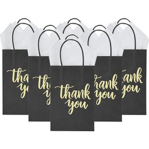 50 Pack Small Size Black Thank You Paper Gift Bags with Handles 9x5.5x3.15 Inch for Business Birthday Wedding Bridal Baby Shower Party Favors Goodies