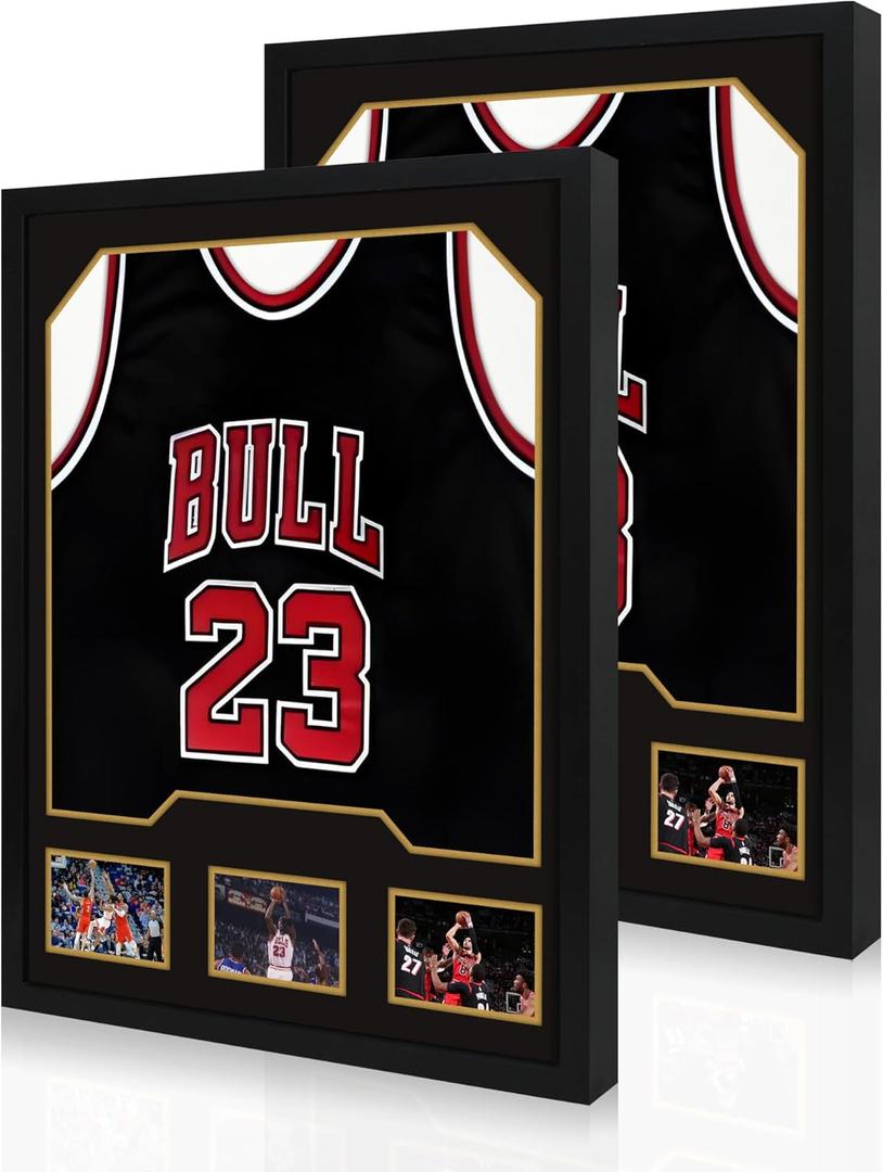Jersey Frame Display Case 2 Pack, Large Wooden Sport Jersey Shadow Box Frame with Mats and Real Tempered Glass Cover for Football Hockey Baseball Basketball Soccer Shirt,Black