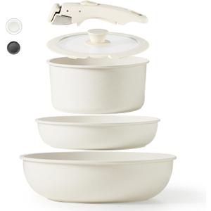 CAROTE Nonstick Cookware Sets, Non Stick Pots and Pans Set Detachable Handle, Kitchen Cookware Sets with Removable Handle, Stackable RV Cookware for Campers, Oven Safe (White 5 PCS)