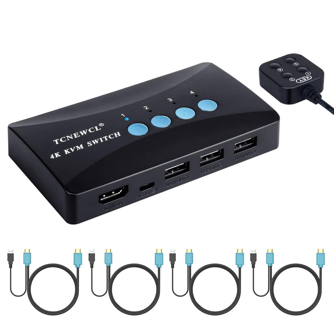 TCNEWCL KVM Switch 4 Port, HDMI KVM Switcher 4Kx2K@30Hz for 4 Computers Sharing 1 HD Monitor and 3 USB Devices Keyboard Mouse Printer,Including 4*KVM Cables &1* Wire Desktop Controller (4 Computers 1 Monitor)